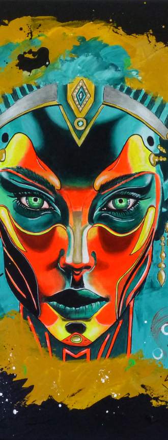 Beauté d'Ailleurs, collection PRAESENTIA : visage aux yeux verts, parure d'or, aplats orange et turquoise sur fond noir, acrylique sur toile