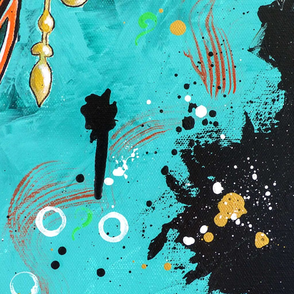 Détail du fond turquoise, éclaboussures noires et dorées, cercles blancs et traits rouges