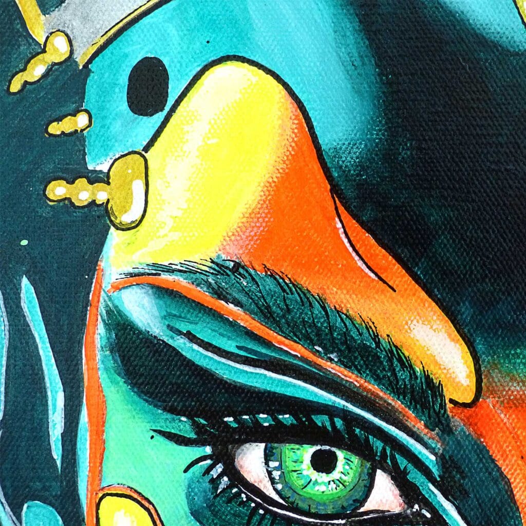 Détail du regard, œil vert souligné de turquoise, d'orange et de jaune
