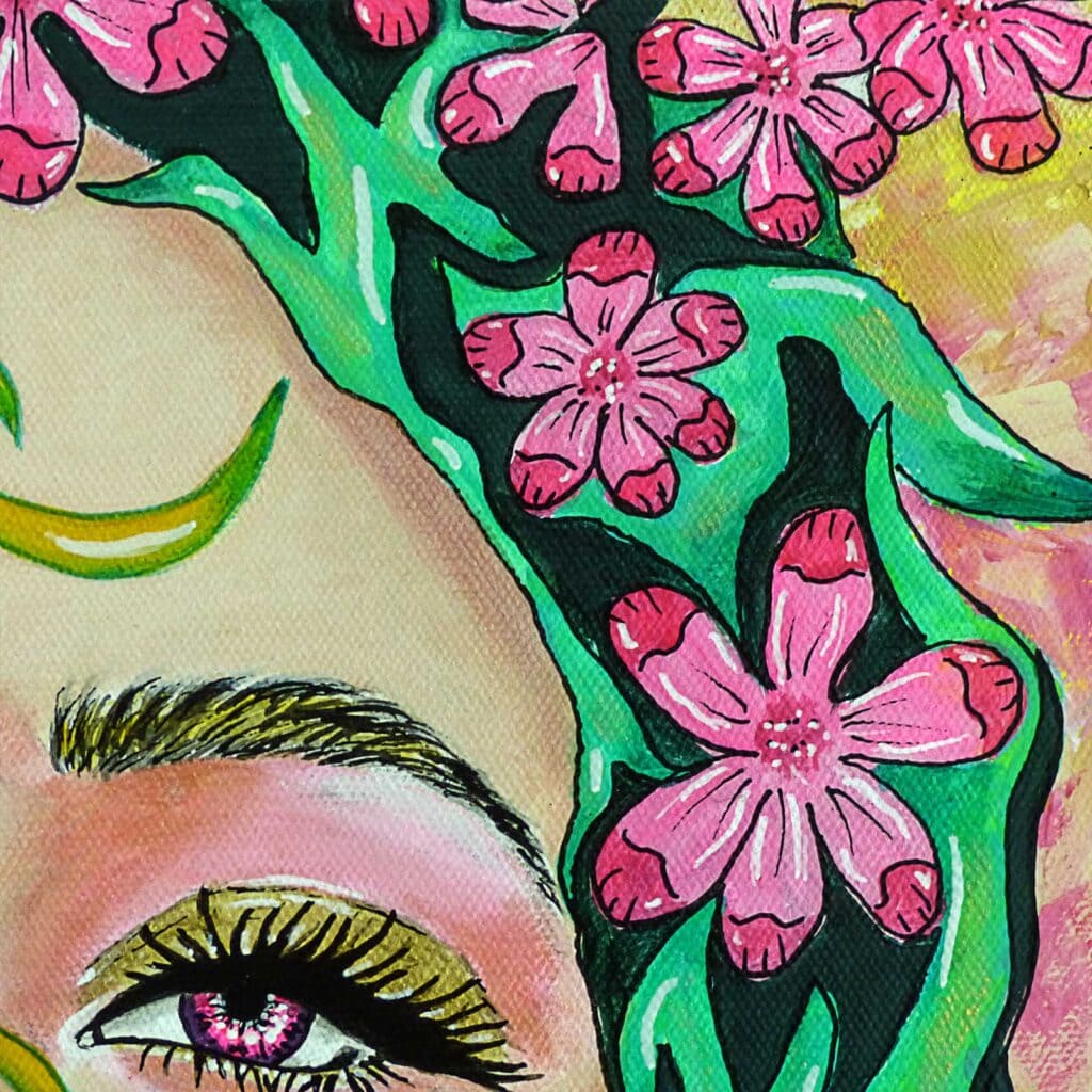Détail du regard, œil mauve souligné de doré, et une branche verte chargée de fleurs roses