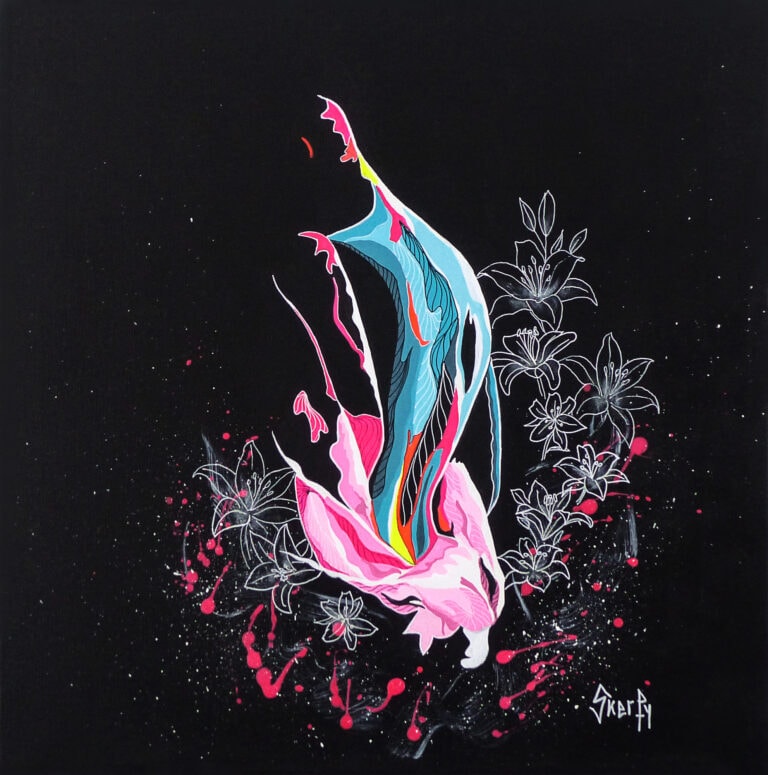 Peinture abstraite d'un corps de femme nu, de trois quarts dos, en formes fluides turquoise et roses, de grands pétales de fleurs posés au creux des reins, sur fond noir orné de lys dessinés au trait blanc