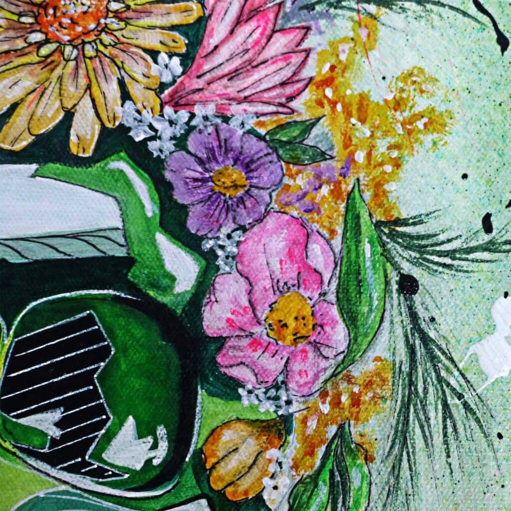 Détail du bouquet, marguerite orange, fleurs rose et mauve, grappes dorées et feuillage vert