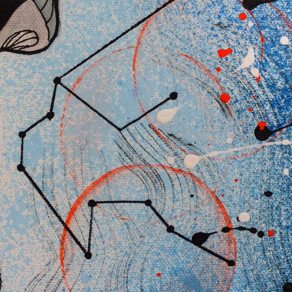 Détail de la constellation tracée au trait noir sur le fond bleu moucheté, cercles orange et éclaboussures rouges