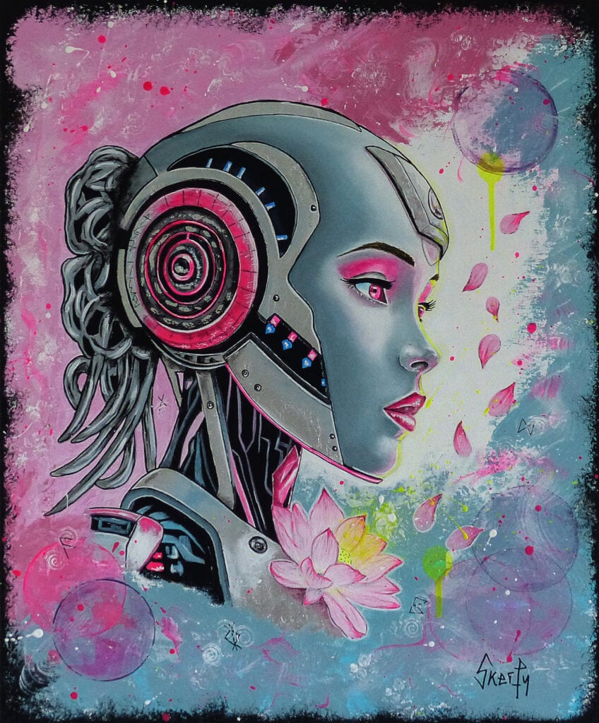 Peinture d'un visage de femme robot gris de profil, mécanisme rose à l'oreille, une fleur de lotus à l'épaule et des pétales roses en suspension, sur un fond rose et turquoise