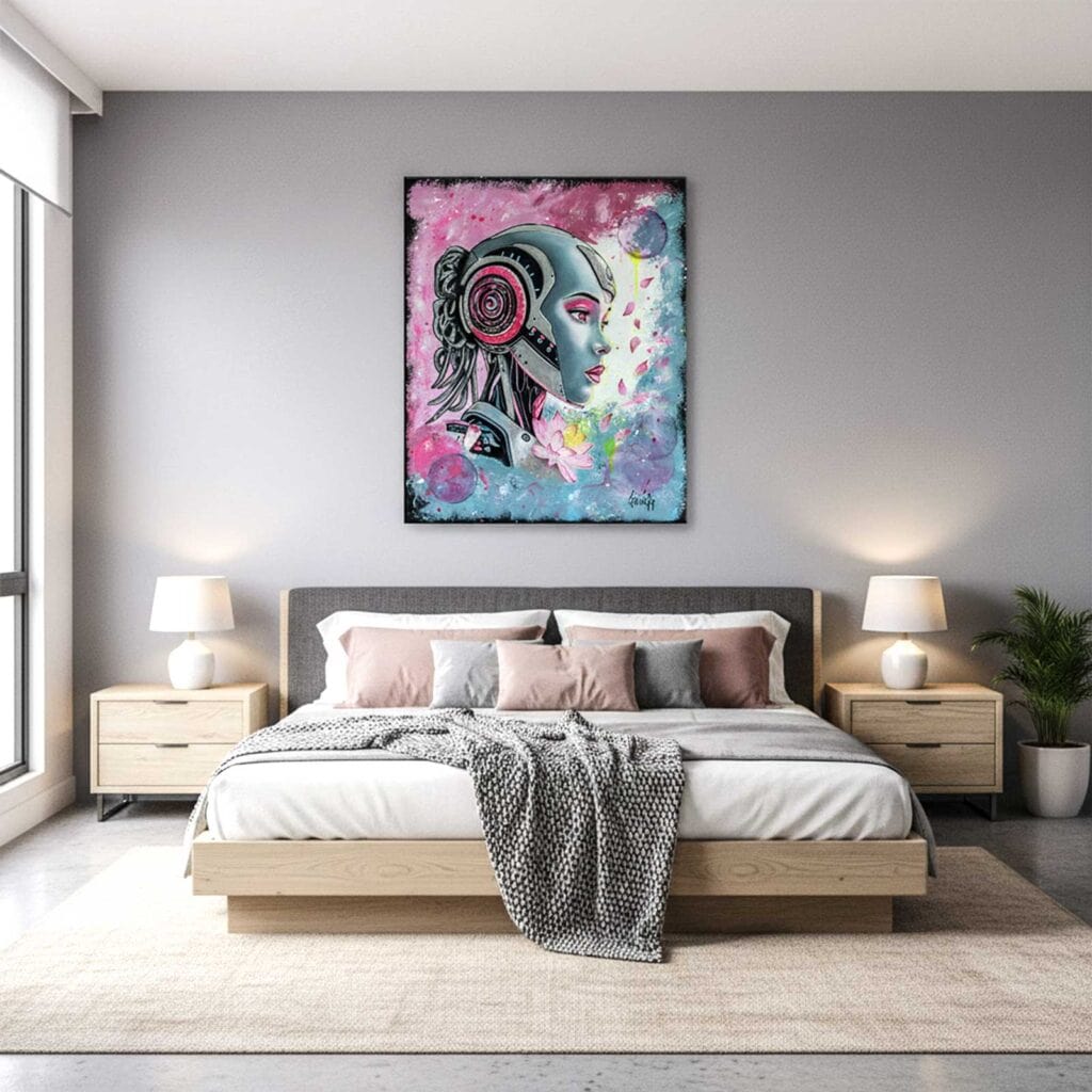 Mise en situation de la peinture Éveil de l'Âme, accrochée au-dessus d'un lit dans une chambre aux tons roses et gris