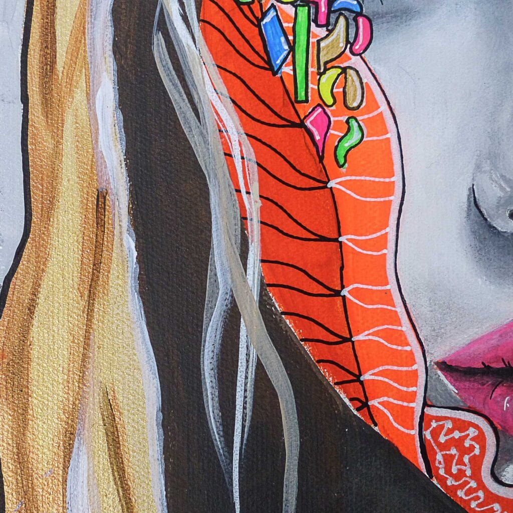 Détail du profil, chevelure blonde et dorée, et une forme orange nervurée de noir semée de motifs colorés