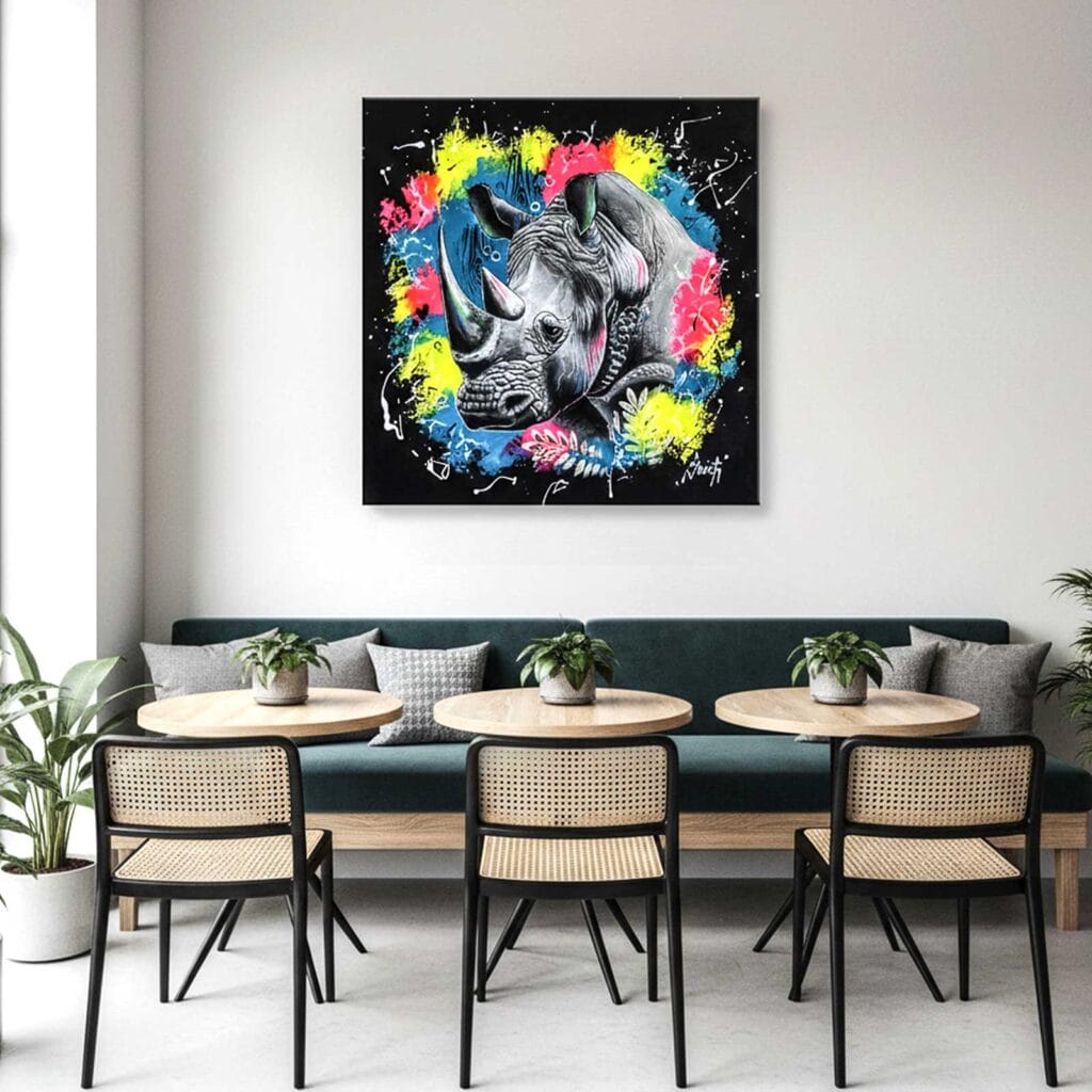 Mise en situation de la peinture Force de la Nature, accrochée au-dessus d'une banquette verte dans une salle à manger