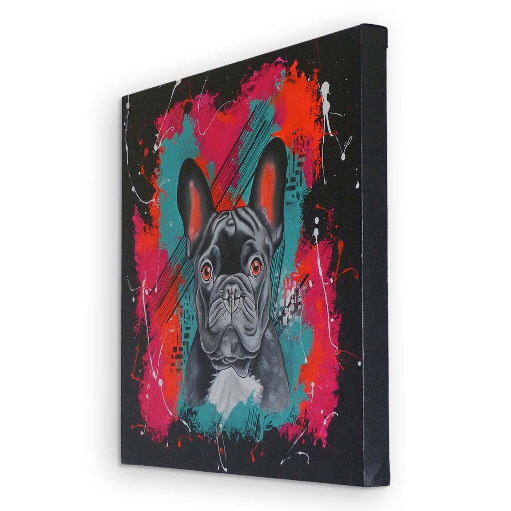 La toile « Frenchie Pop » vue de trois quarts, châssis visible sur le côté