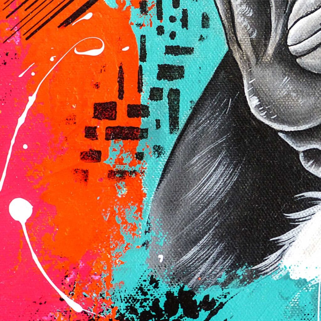 Détail du fond découpé en rose, orange et turquoise, traits et carrés noirs, coulure blanche le long du pelage
