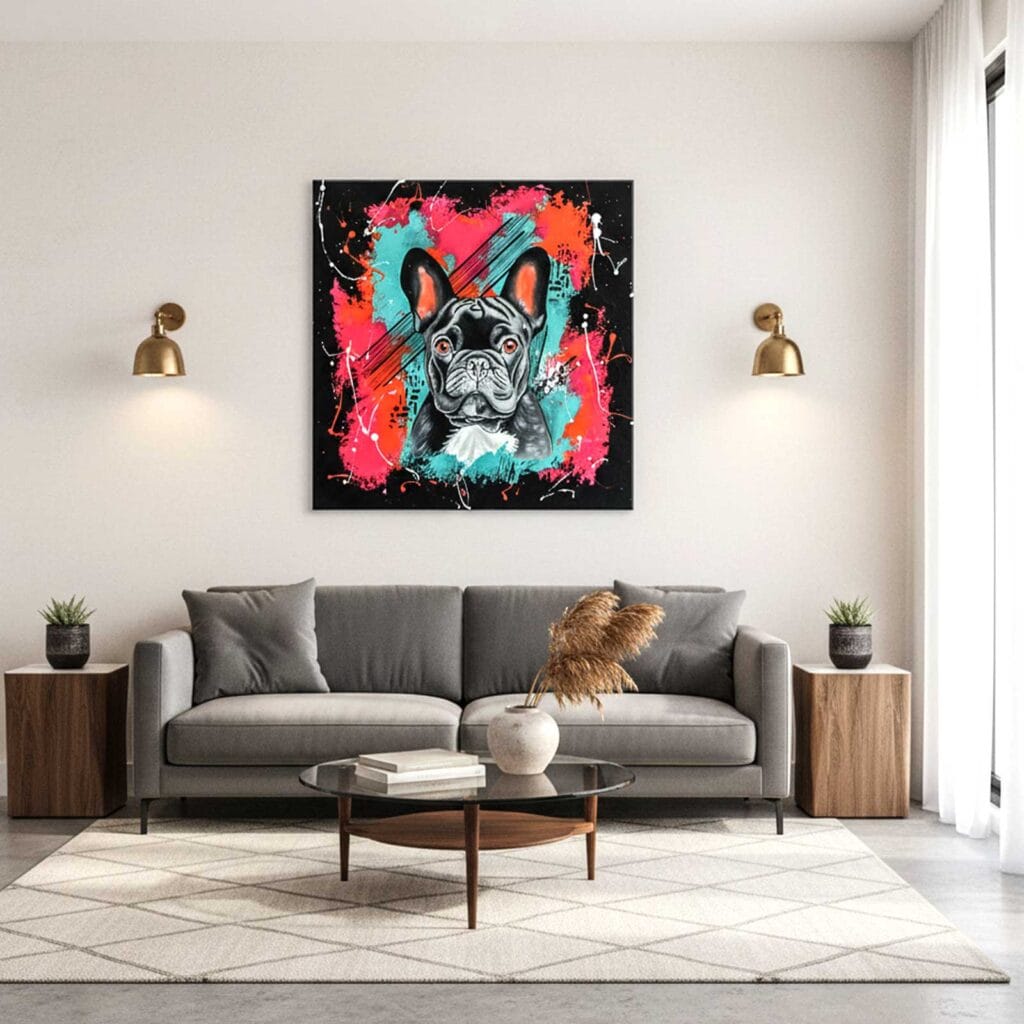 Mise en situation de la peinture Frenchie Pop, accrochée au-dessus d'un canapé gris dans un salon aux appliques dorées
