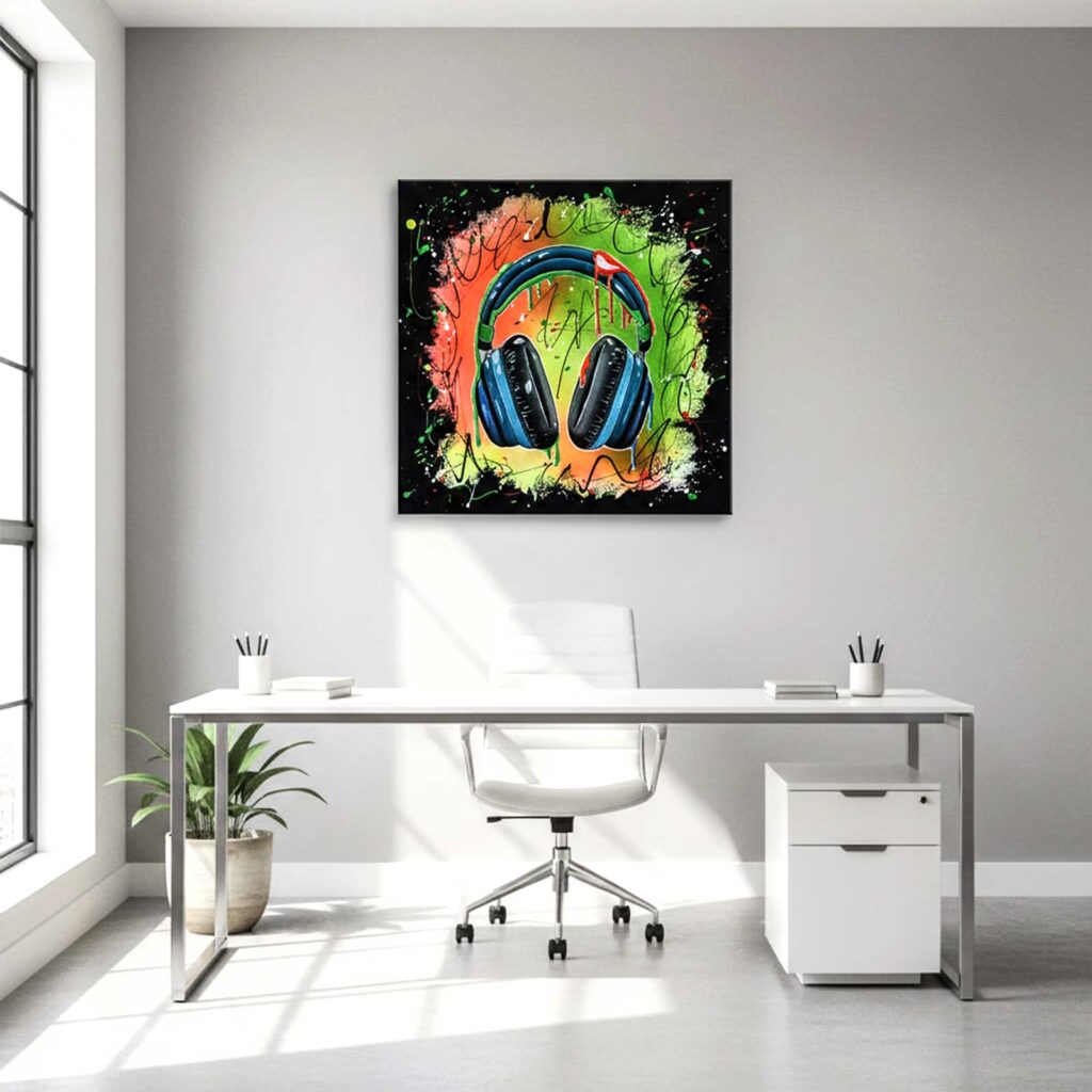 Mise en situation de la peinture Good Vibes, accrochée au-dessus d'un bureau blanc dans une pièce de travail lumineuse
