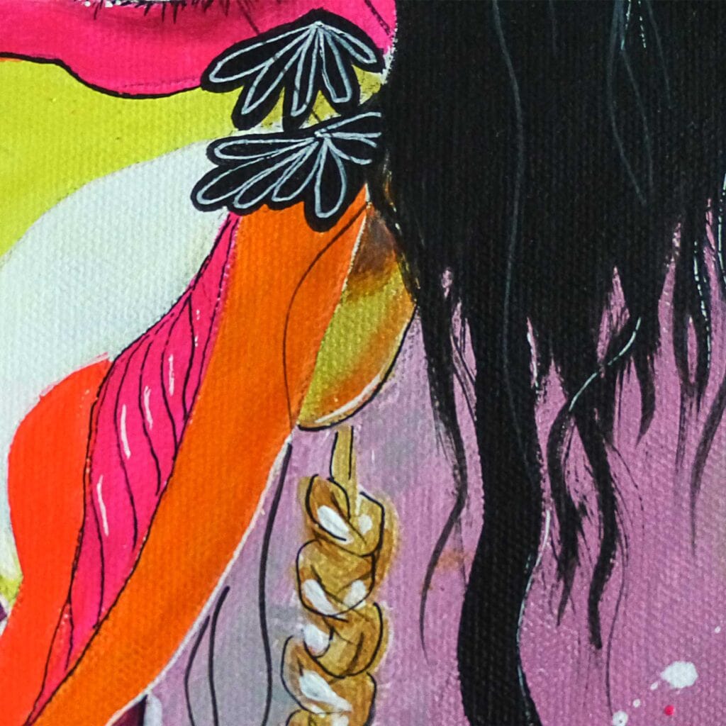 Détail de la chevelure noire et d'un épi de blé doré, formes roses et orange, fleurs au trait blanc sur fond mauve