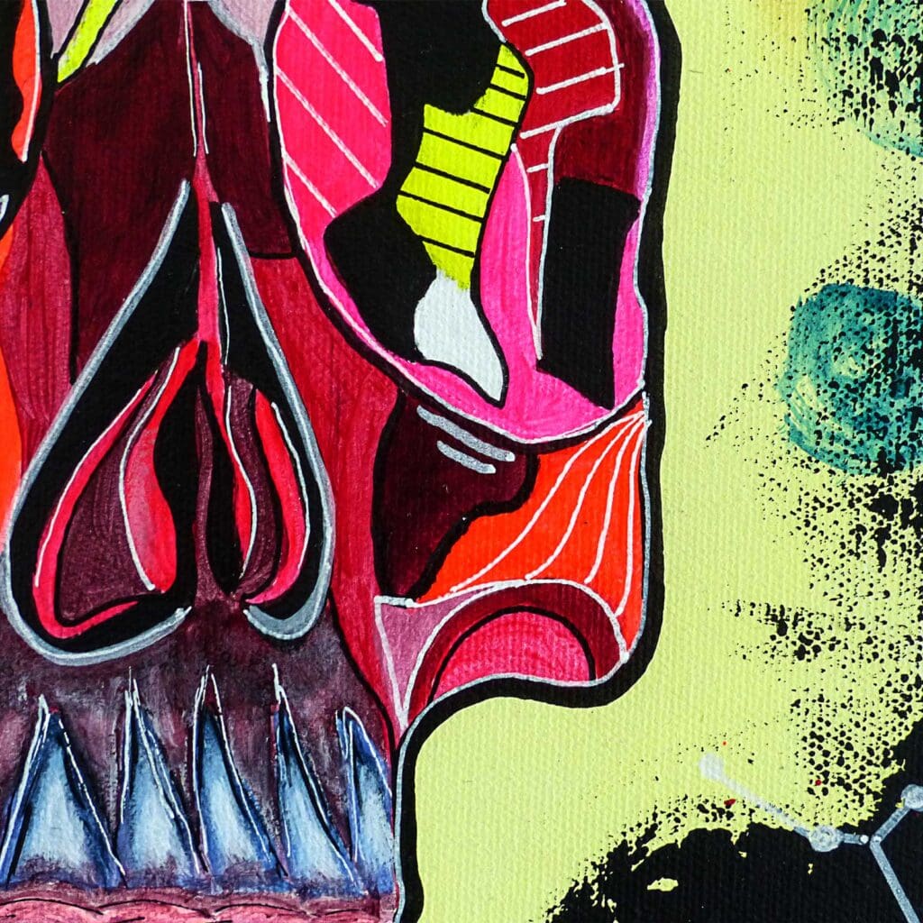 Détail du crâne rouge et rose aux dents bleues, sur un fond jaune anis taché de vert et de noir