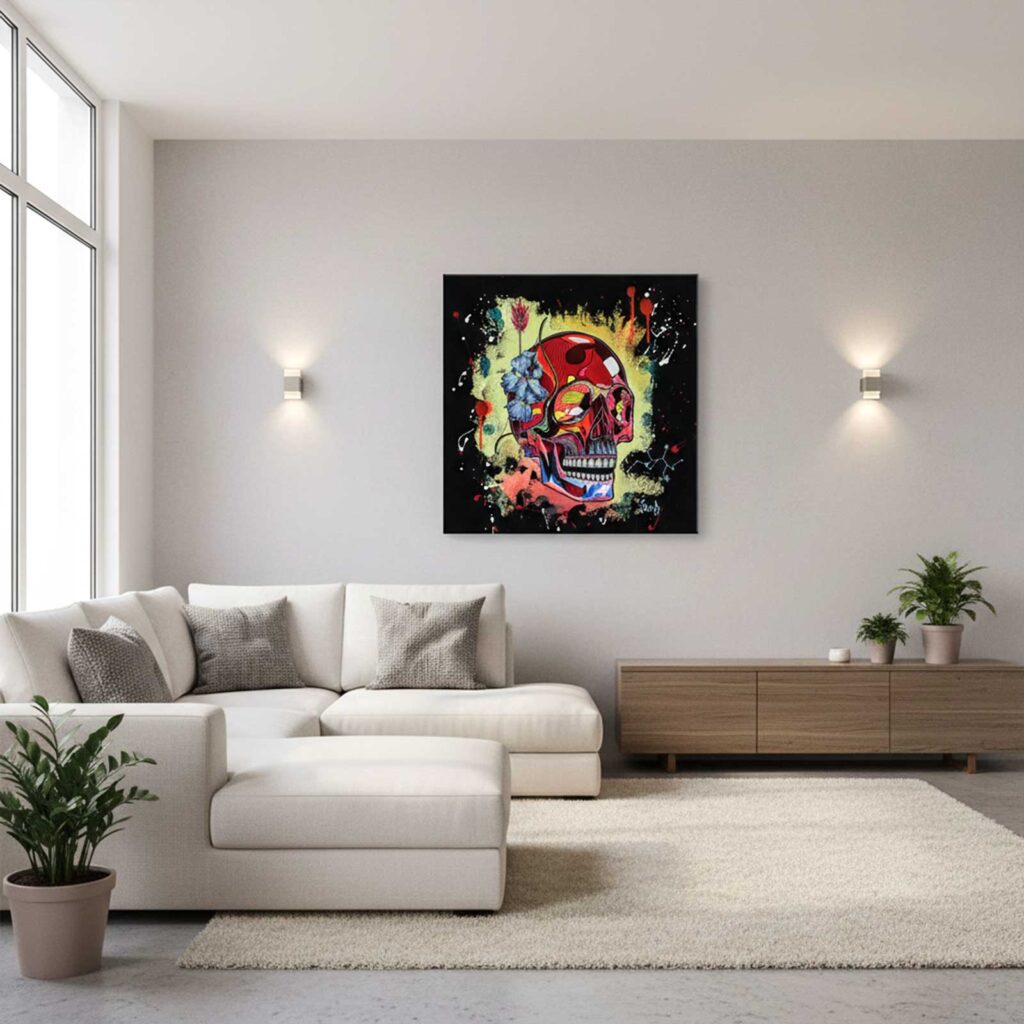 Mise en situation de la peinture Impulsion du Sagittaire, accrochée au-dessus d'un canapé d'angle blanc dans un salon clair