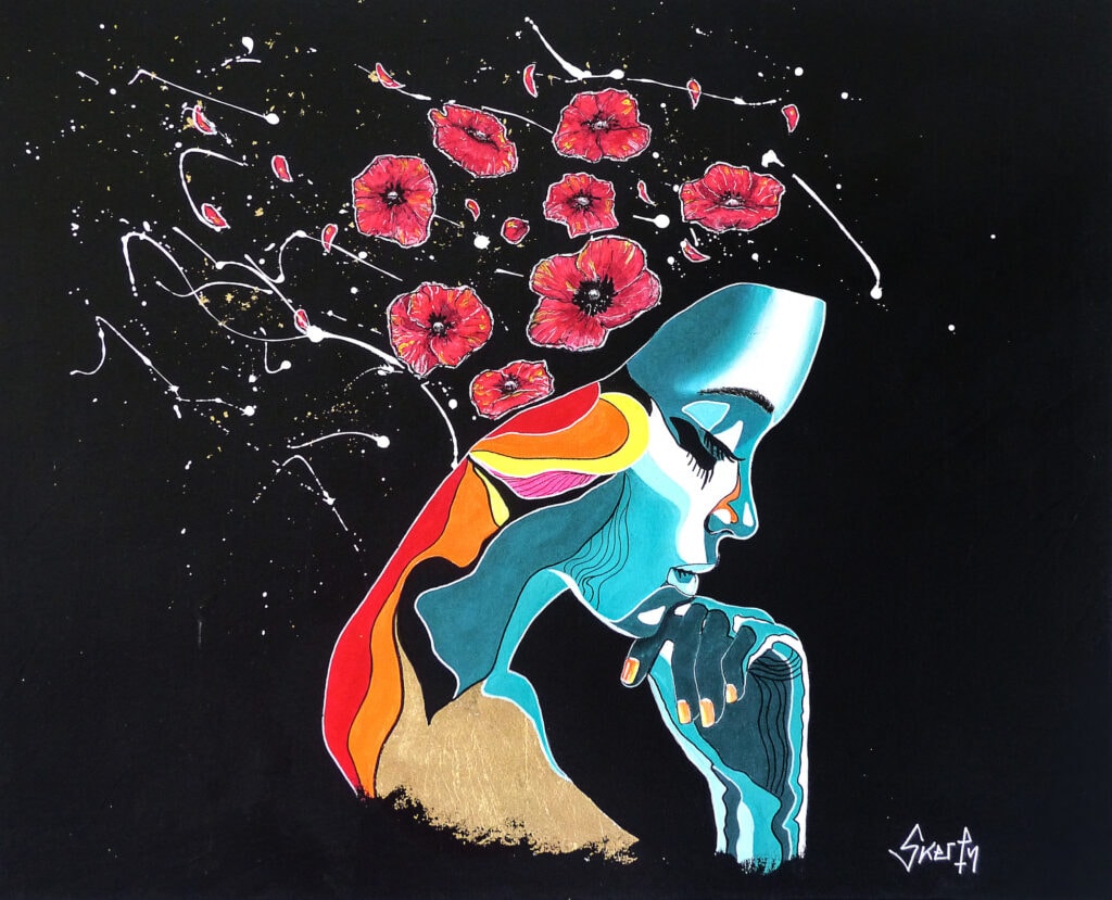 Peinture d'un visage de femme de profil, penché, yeux clos et main sous le menton, en teintes turquoise rehaussées de rouge, d'orange et d'or, surmonté de coquelicots rouges, sur fond noir
