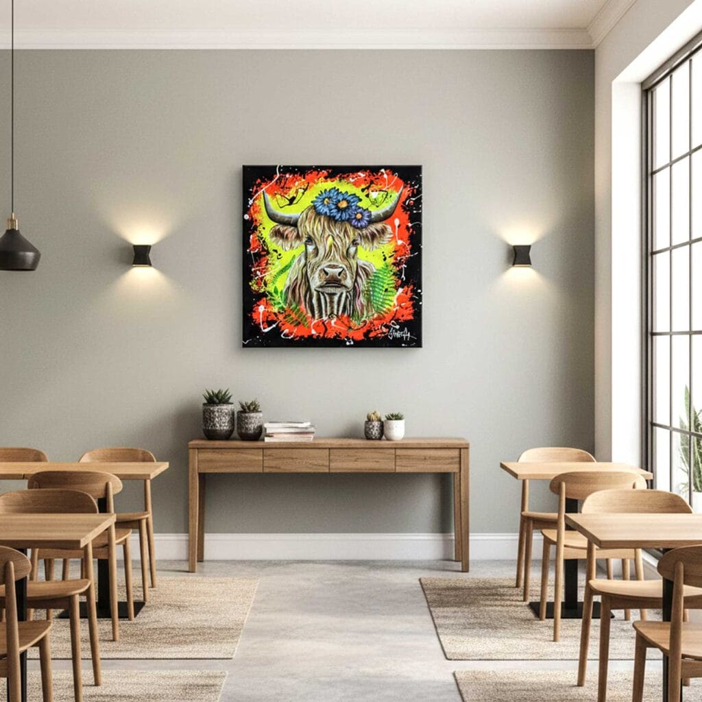 Mise en situation de la peinture La Belle Highland, accrochée au-dessus d'une console dans une salle de restaurant aux tables de bois
