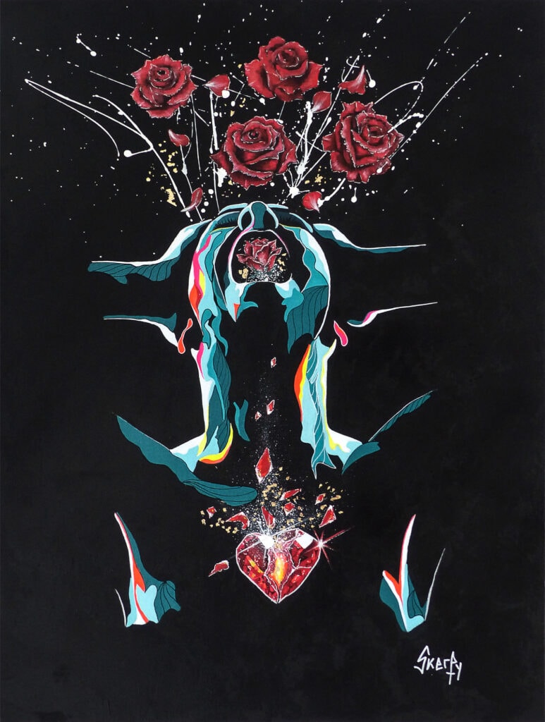Peinture abstraite d'une tête renversée en arrière, la bouche grande ouverte d'où jaillissent des roses rouges, un cœur fragmenté au milieu de la poitrine, formes turquoise sur fond noir