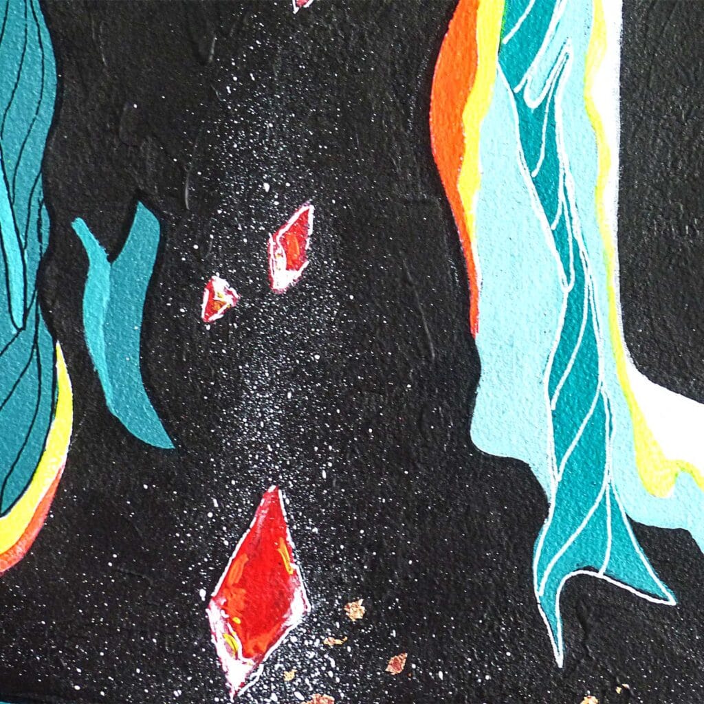 Détail des pétales turquoise et jaunes cernés de blanc et des losanges rouges, sur le fond noir granuleux