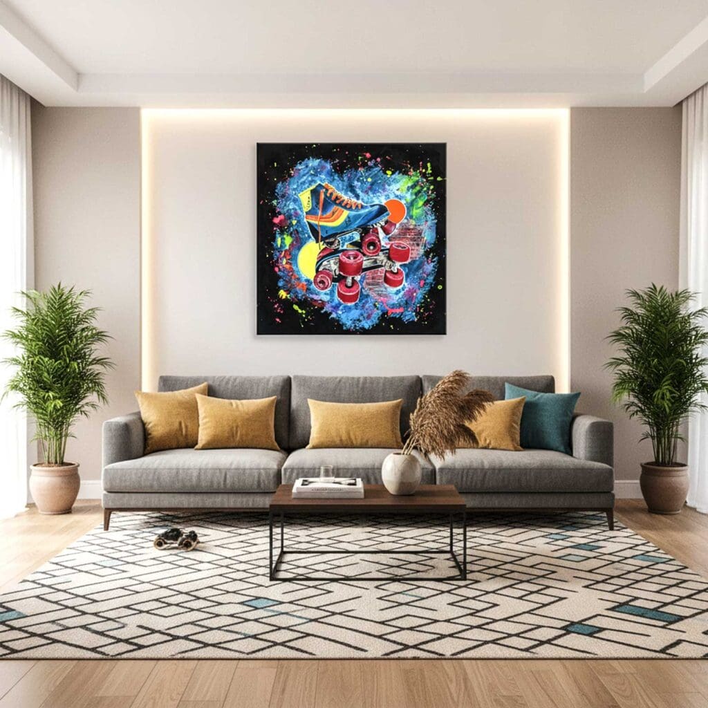 Mise en situation de la peinture Liberté Rétro, accrochée au-dessus d'un canapé gris dans un salon à corniche lumineuse