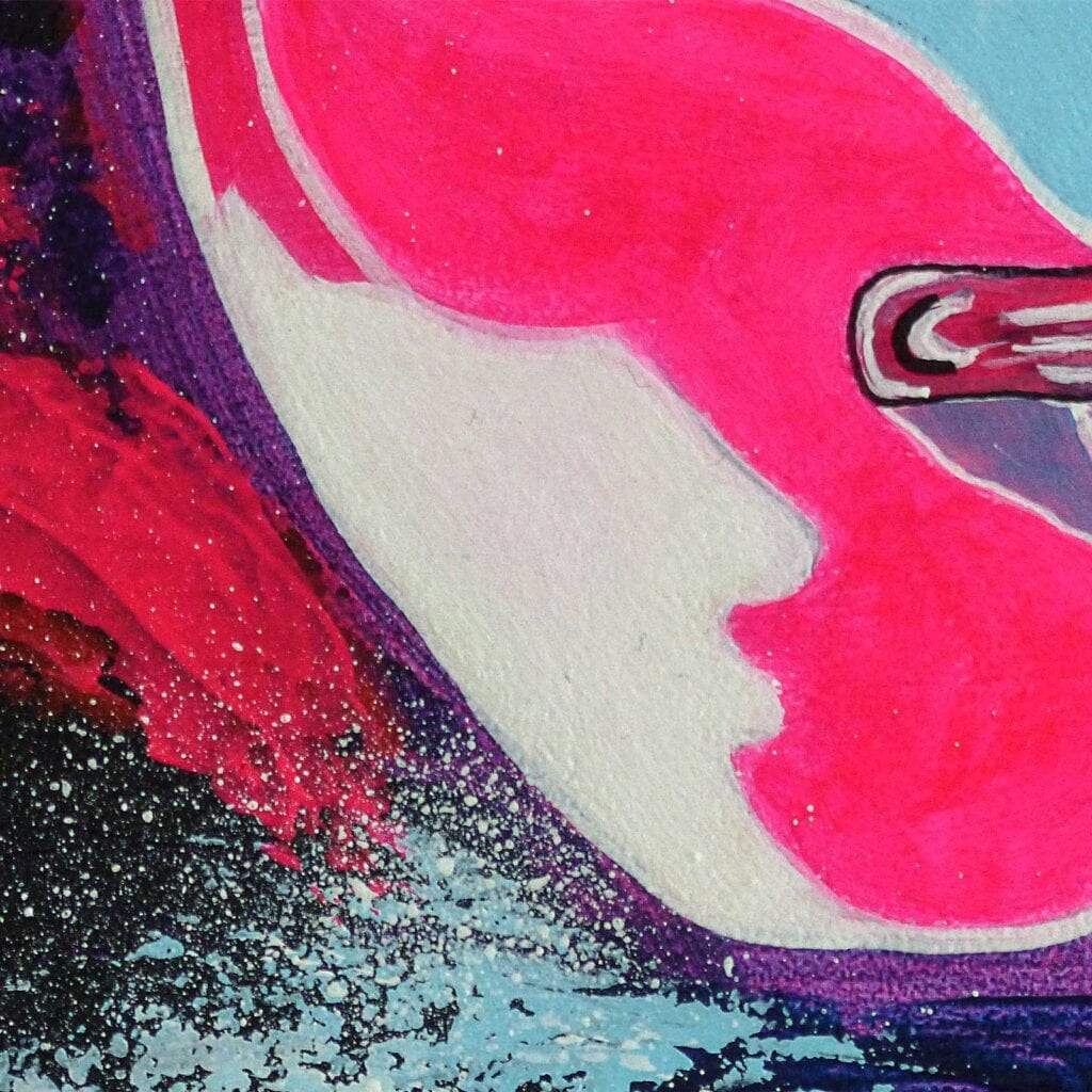Détail du profil blanc découpé dans un aplat rose fluo, fond mauve et rouge moucheté de blanc