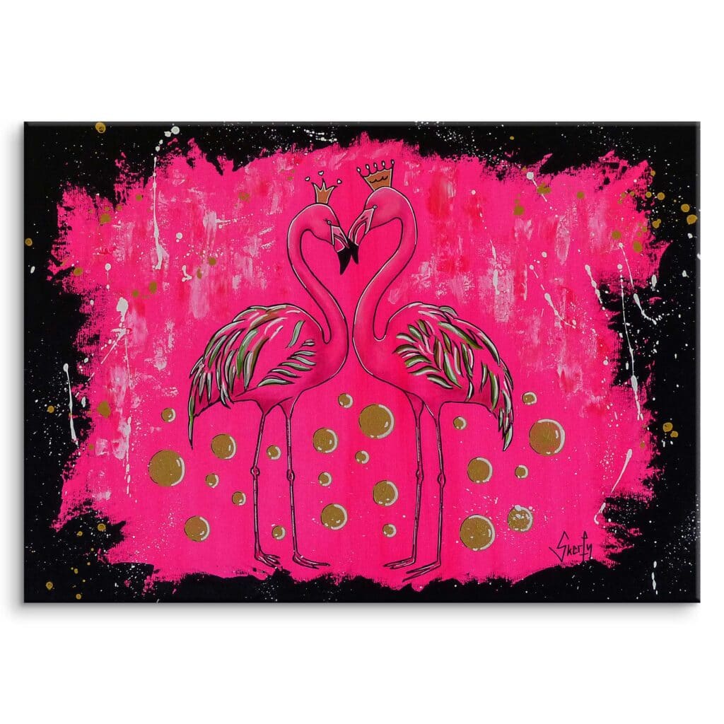 La toile « Majesté des Flamants » de Skerfy présentée sur fond blanc, deux flamants roses couronnés d'or sur un aplat fuchsia bordé de noir