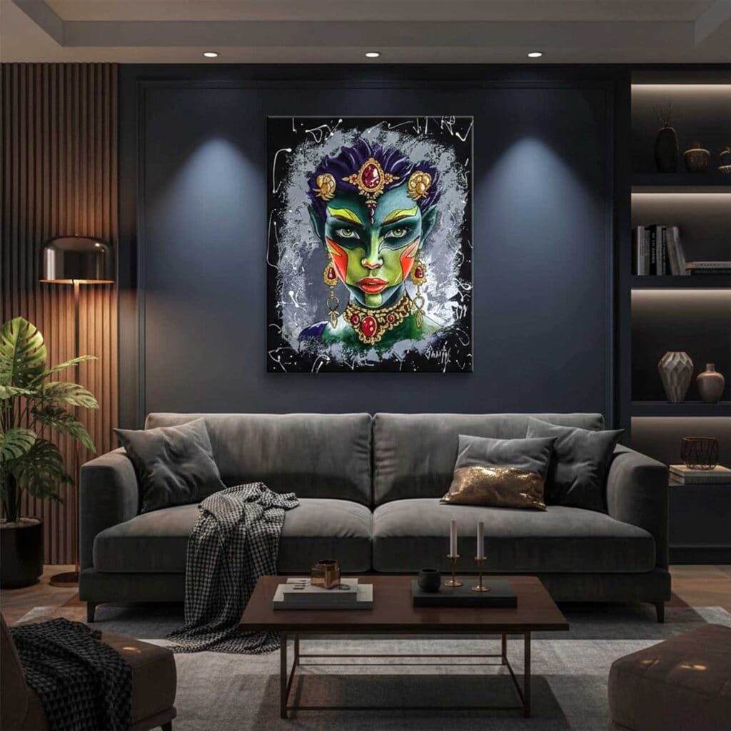 Mise en situation de la peinture Mystère, accrochée au-dessus d'un canapé gris dans un salon aux murs bleu nuit