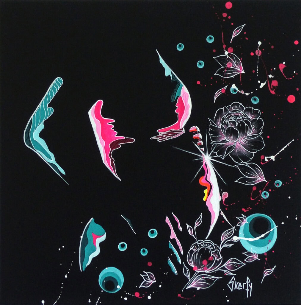 Peinture abstraite du corps d'une femme enceinte de profil, esquissé par fragments turquoise et roses sur fond noir, entouré de pivoines dessinées au trait blanc et de cercles turquoise