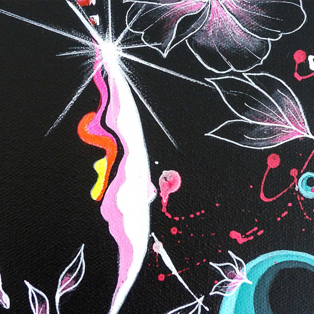Détail de l'étoile blanche éclatée, coulée rose, orange et jaune, fleurs au trait blanc et cercle turquoise