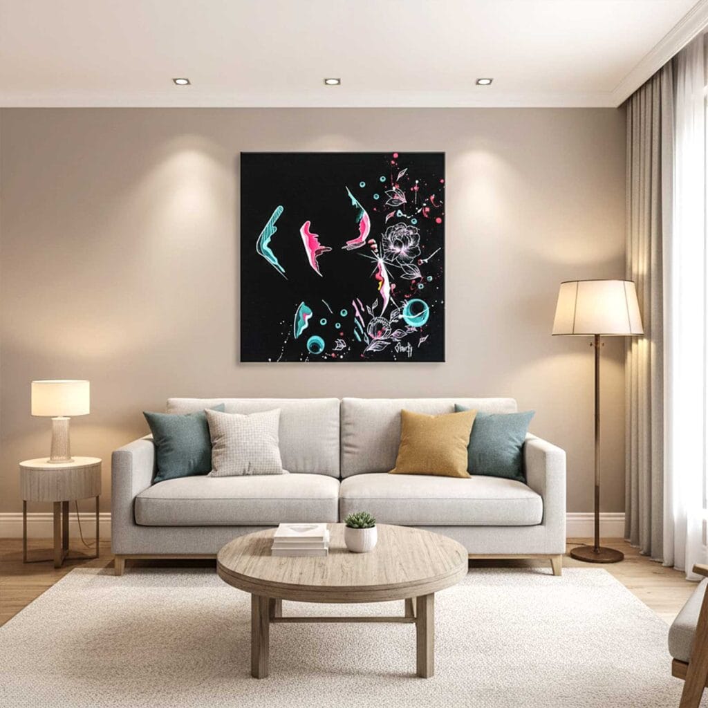 Mise en situation de la peinture Onde de Vie, accrochée au-dessus d'un canapé clair dans un salon aux tons beiges