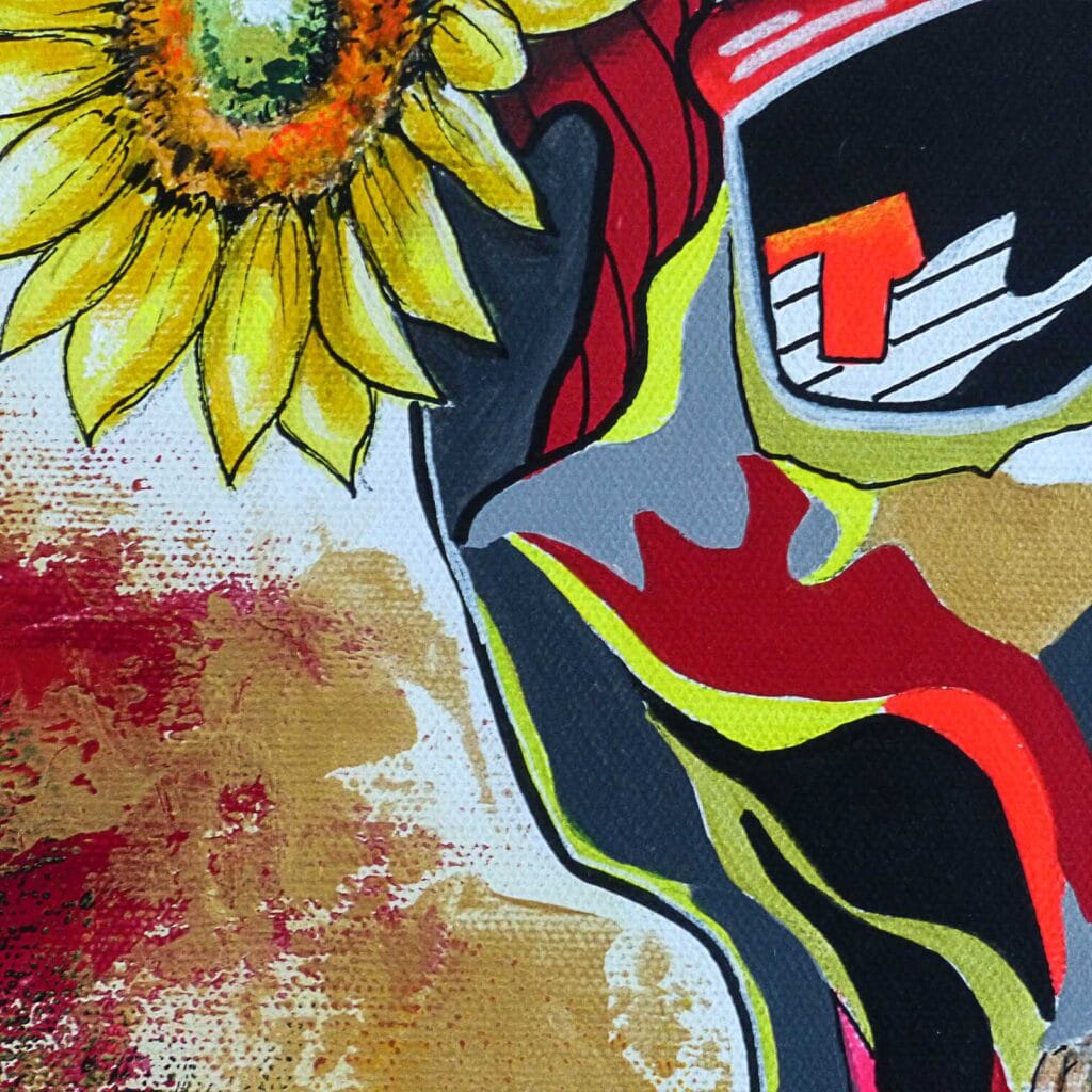 Détail d'un tournesol et des aplats rouges, noirs et gris cernés de jaune, sur un fond doré