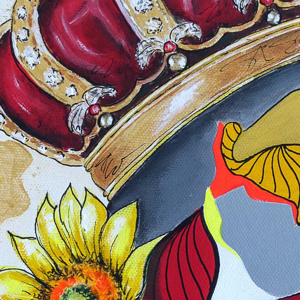 Détail de la couronne rouge et or sertie de pierres blanches, et du tournesol jaune posé dessous
