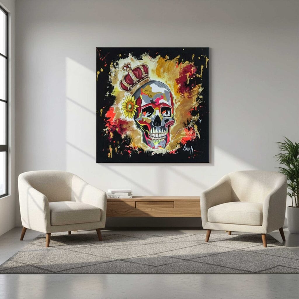 Mise en situation de la peinture Puissance du Lion, accrochée entre deux fauteuils beiges dans un salon clair