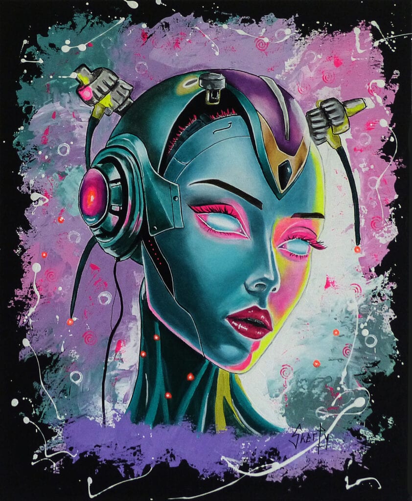 Peinture d'un visage de femme robot turquoise aux yeux translucides et sans iris, casque de métal et câbles branchés sur la tête, sur un fond mauve et rose