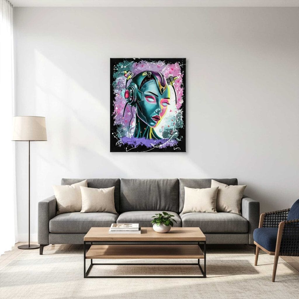 Mise en situation de la peinture Rêve Mécanique, accrochée au-dessus d'un canapé gris dans un salon clair