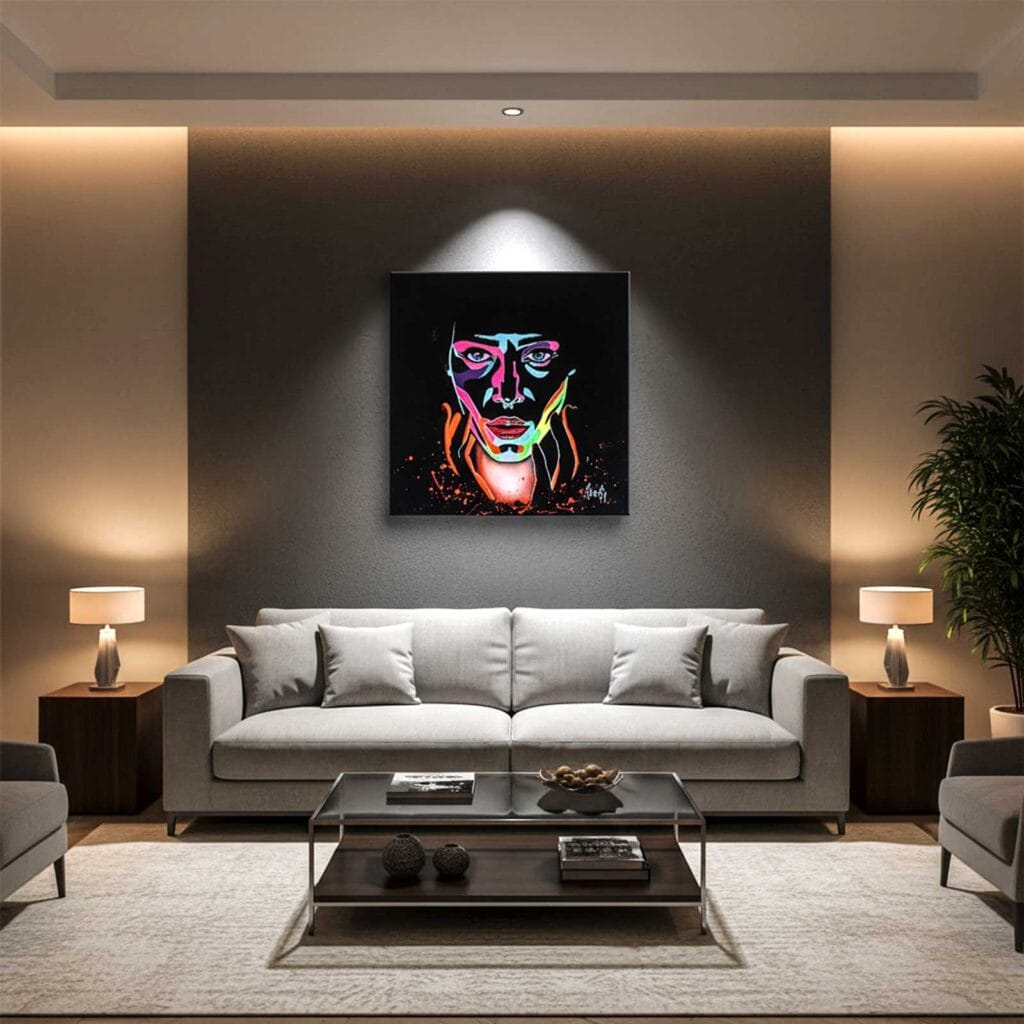 Mise en situation de la peinture Révélation Lumineuse, accrochée au-dessus d'un canapé clair dans un salon aux murs sombres