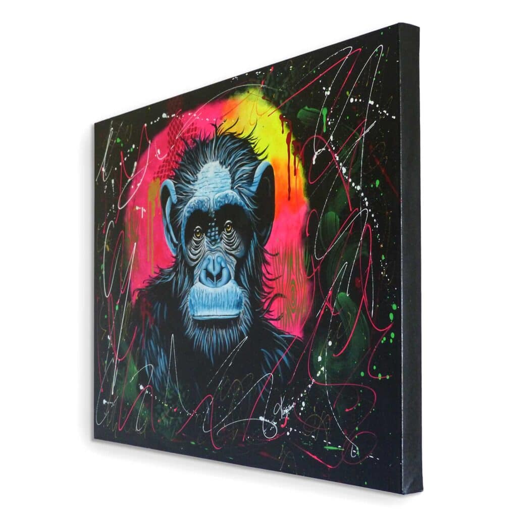 La toile « Singe en Liberté » vue de trois quarts, châssis visible sur le côté