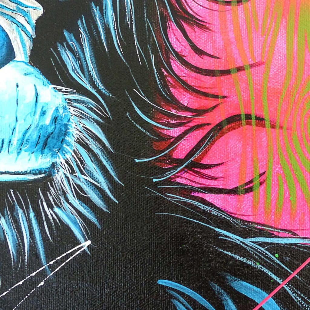 Détail du pelage noir strié de bleu, devant un aplat rose fluo rayé de vert et d'orange