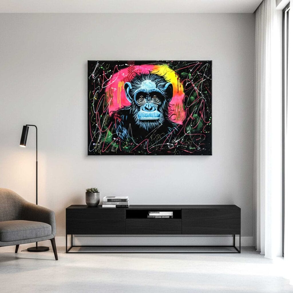 Mise en situation de la peinture Singe en Liberté, accrochée au-dessus d'un meuble télé noir dans un salon clair