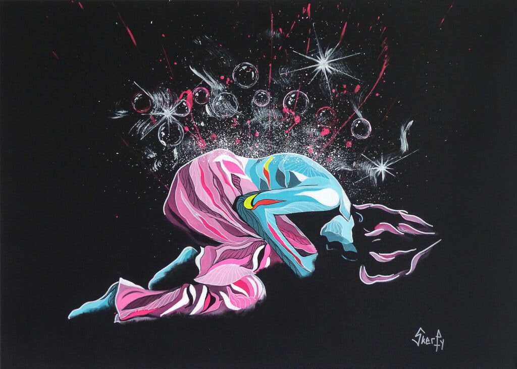 Peinture abstraite d'un corps de femme allongé et replié, en formes fluides roses et turquoise, la chevelure déployée sous une nuée de bulles et d'étoiles, sur fond noir