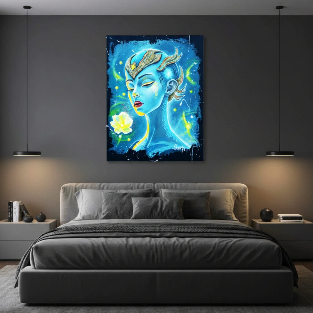 tableau Indigo, mise en situation dans une chambre à coucher, mur couleur taupe, un lit et deux tables de chevet de chaque coté du lit