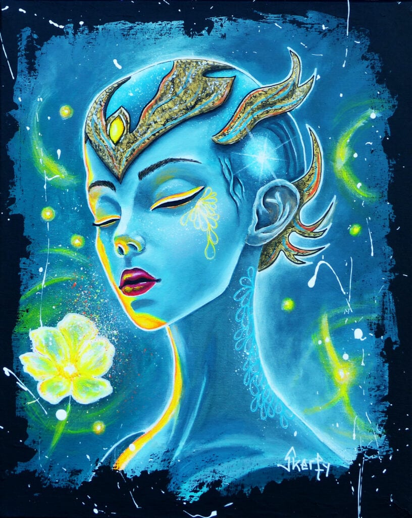 peinture portrait féminin coiffe dorée, coloré, indigo, touche de jaune fluo doré, fleur jaune lumineuse, éclaboussures de lumière