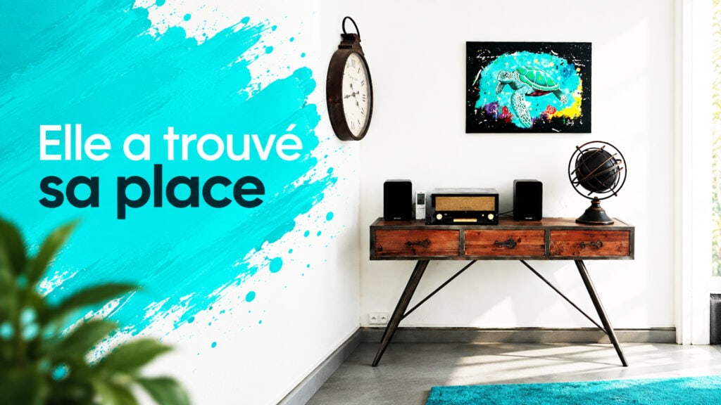 image de mise en avant pour l'article état d'âme, représentant une tortue à l'acrylique au-dessus d'un meuble chez le client.