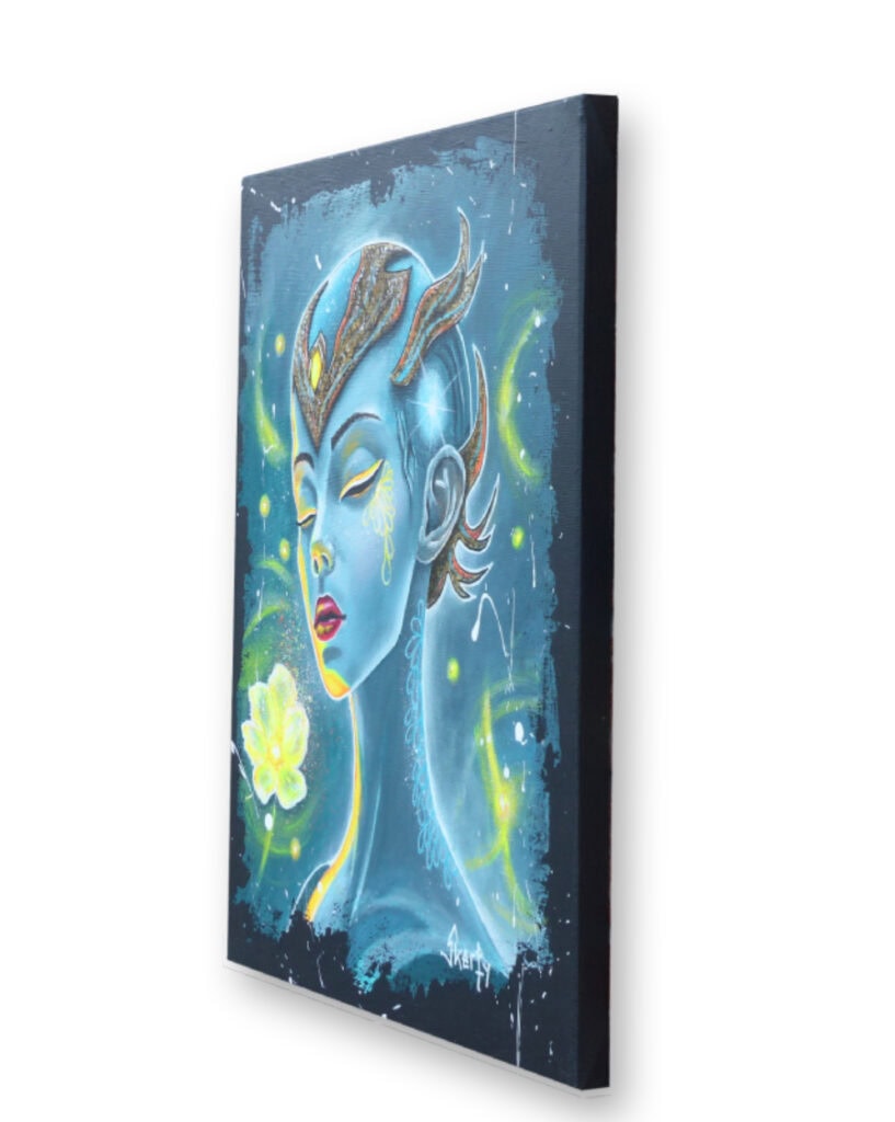 Indigo peinture, vue de trois quart, toile sur châssis
