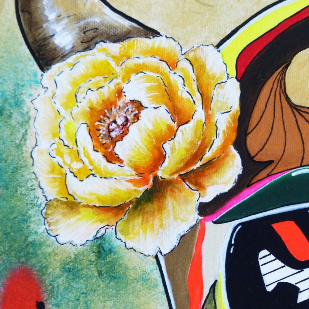 Une pivoine orange jaune délimitée par des traits noirs, quelques reflets blancs, une partie du front et de l'orbite visible avec des aplats marron jaune et rouge.