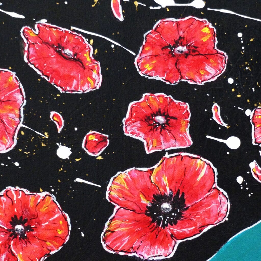 Coquelicots rouges encadrés de traits blancs sur un fond noir, avec des éclaboussures de blanc et quelques éclats de feuilles d'or qui se détachent.