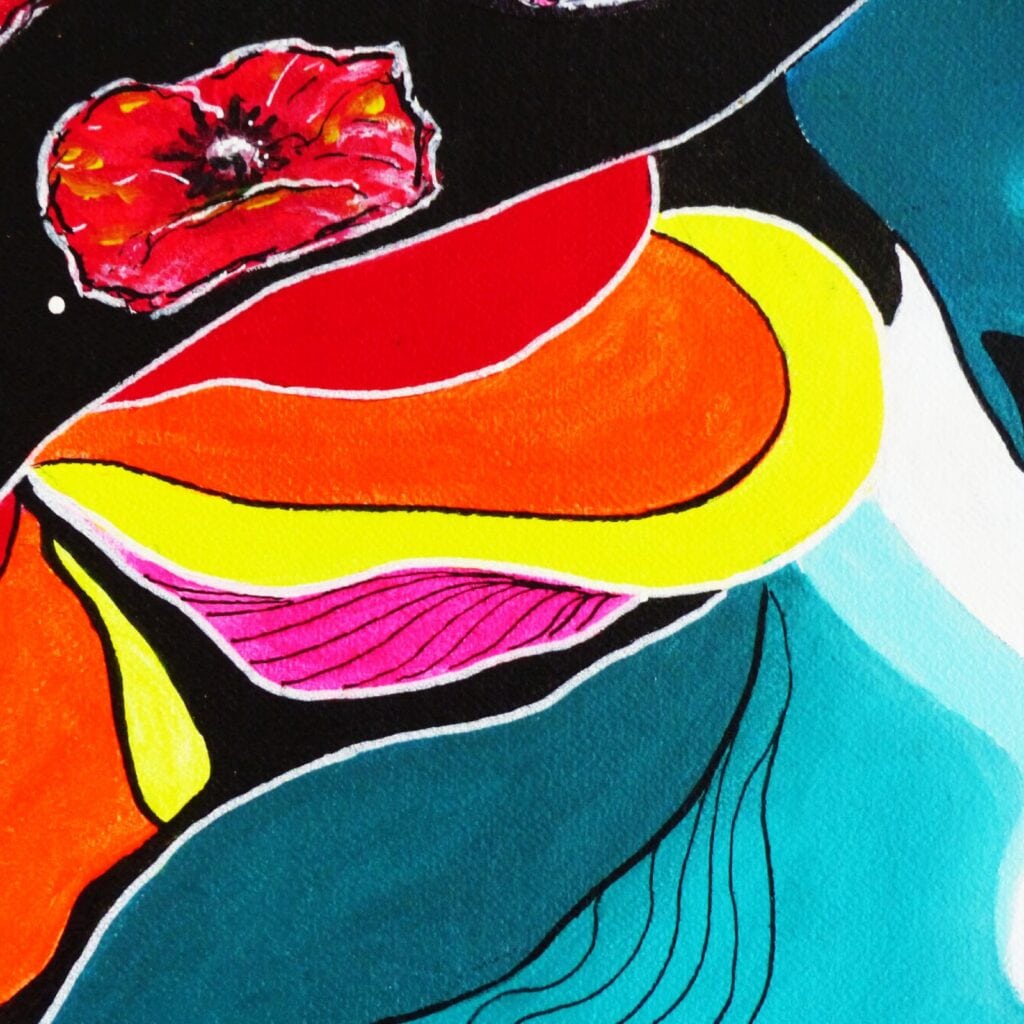 Des aplats de couleur rouge, orange, jaune, rose délimités par des traits blancs et noirs.
