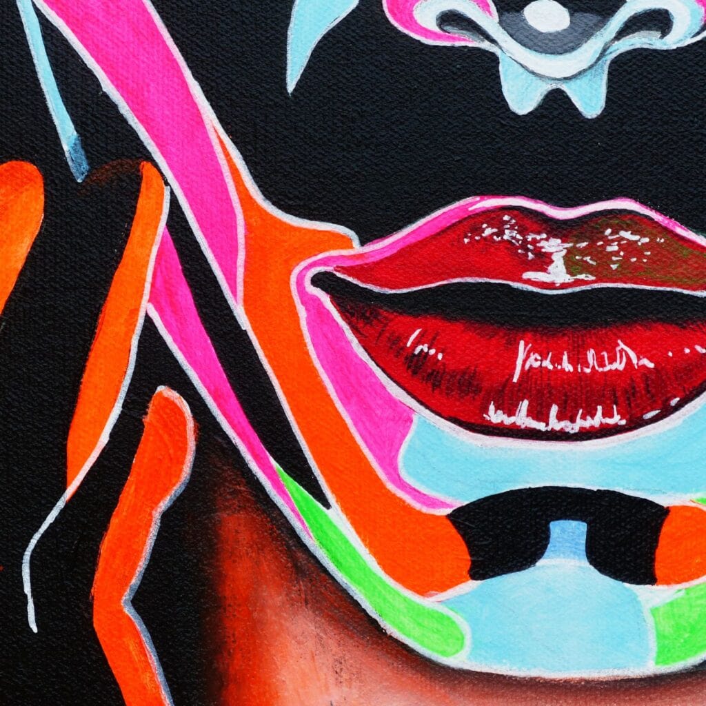 Détail de la bouche rouge avec ombre foncée et reflet blanc. Des zones de couleur rose, orange, vert, bleu ciel, encadrés de lignes blanches sur un fond noir.